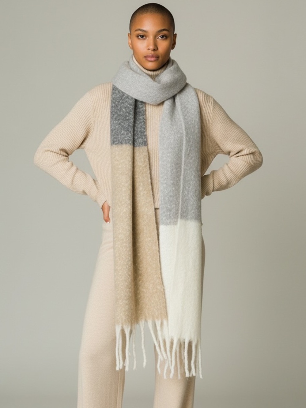 Old Navy Soft Thick Winter Scarf Tan/Grey/Cream 82” x 13”